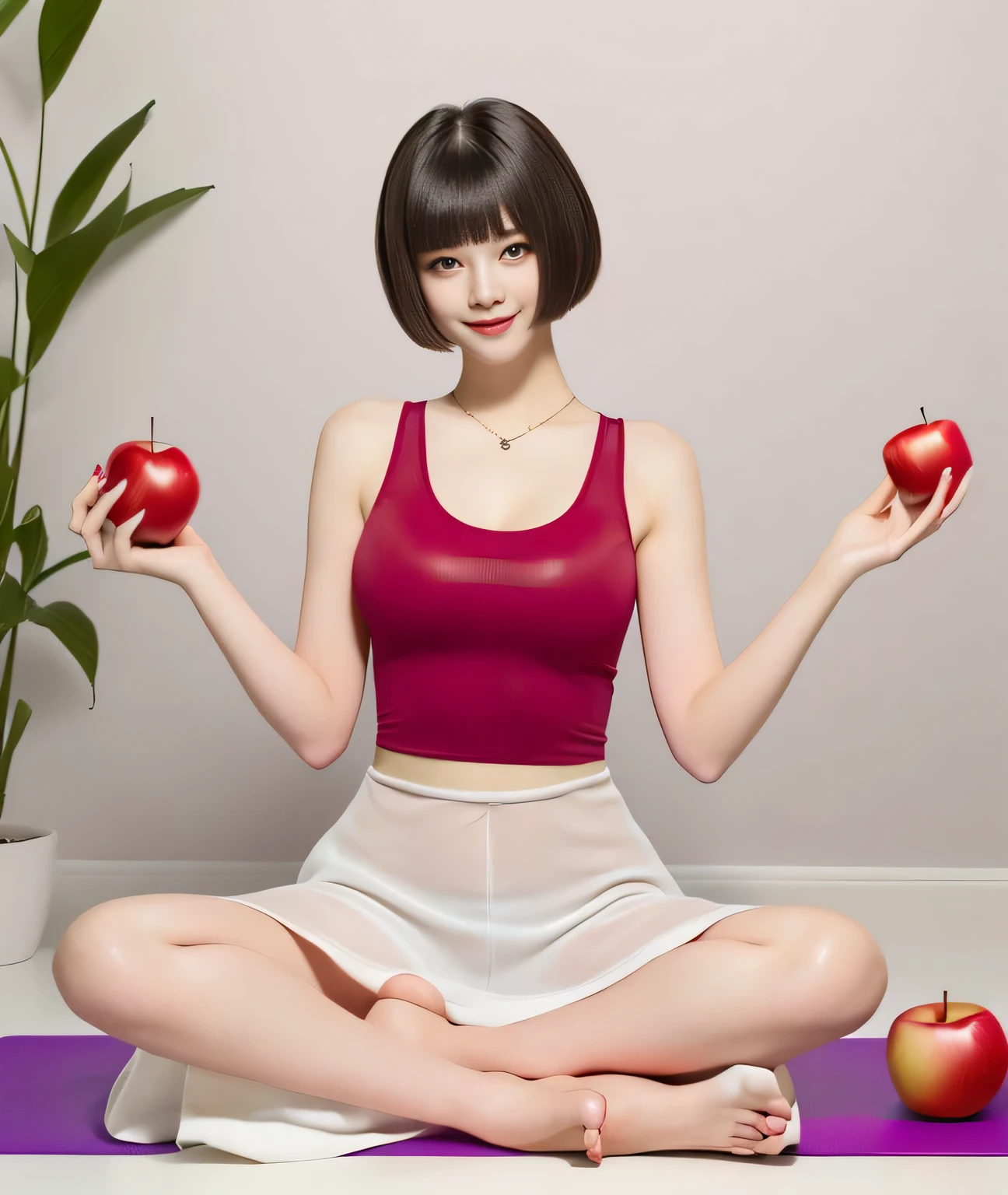 {{{She is holding a red apple in his right hand and a white apple in his left hand.::1.8}}},{{{Blunt bangs、short hair:1.6}}}},,{{Girl sitting on a mat and doing yoga poses:１８Year:Double Eyes::smile}},, Sitting pose,{White Tight tank top:See through}, Affectionate, Affectionate, gentle pose, Symmetrical pose, Full body pose, 