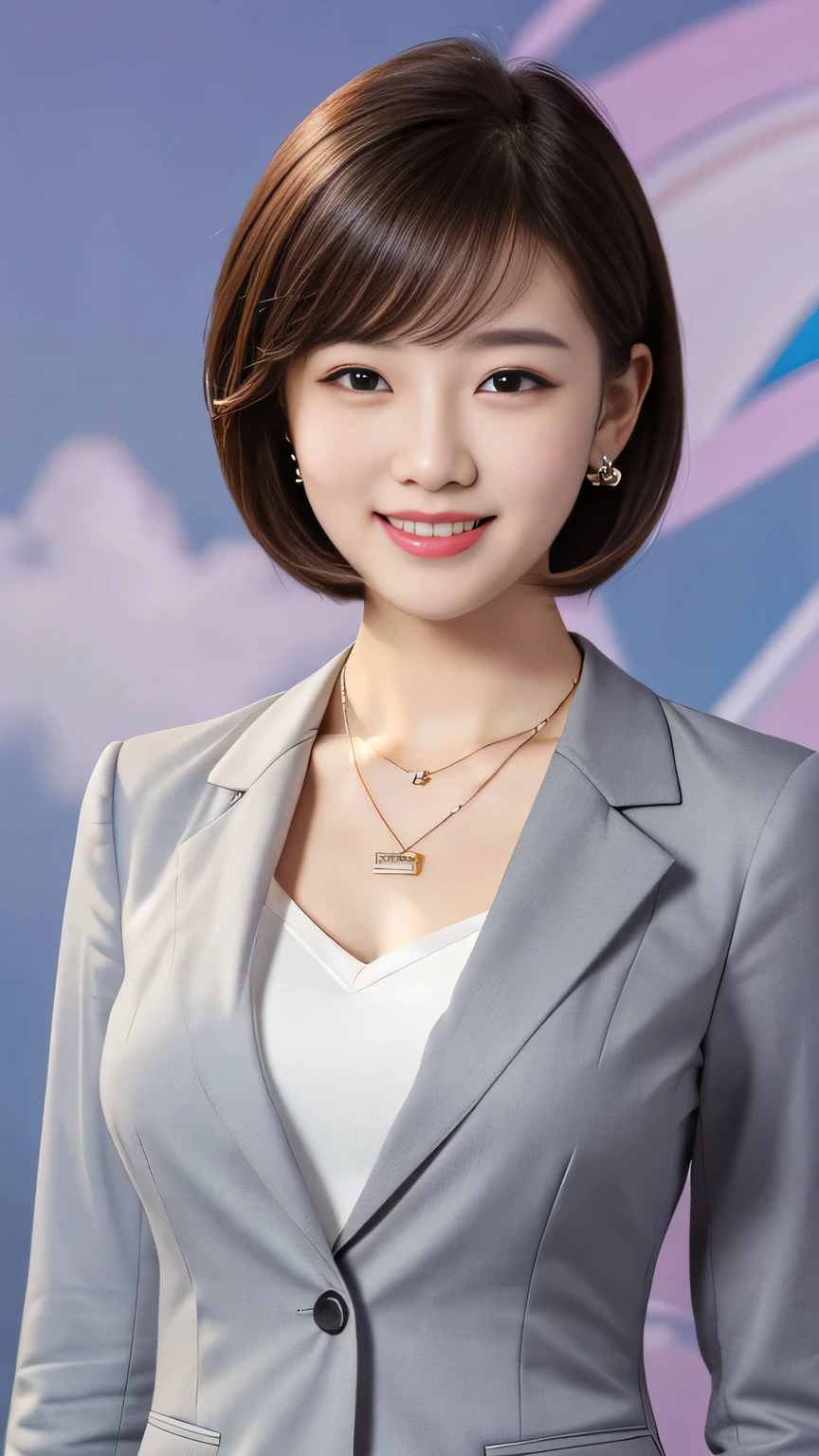 RAW Photos, High resolution, Very detailed, Intricate details, 、ear piercing、smile、Beautiful teeth alignment、Short Haircut、Brown Hair、Clear beauty,(High quality fabric, Office Lady Suits 、Necklace around the neck、, The background is the office