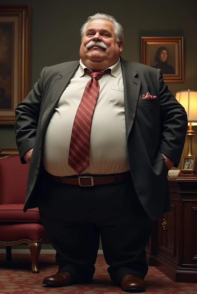 Enormous office boss, old man, mature man, receding hair line, boss clothes, smoking a cigar, huge, morbidly obese, pants over waist, abnormally obese, enormous gut, overhanging belly.