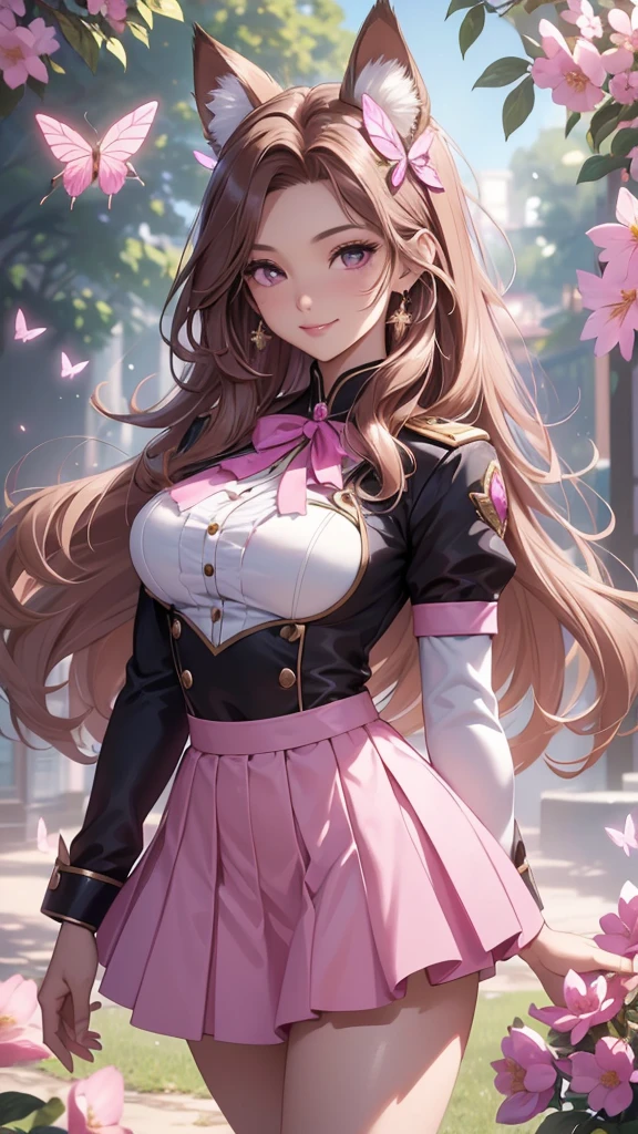 (best quality,4k,8k,highres,masterpiece:1.2),ultra-detailed,(realistic,photorealistic,photo-realistic:1.37),acrylic painting,beautiful Brazilian model in a uniform outfit with downy hair,beautiful Brazilian model with extremely colorful brown hair and detailed facial features,beautiful Brazilian model standing in a beautiful garden sakura flowers, long hair,cat ears, hair bows, uniform pink gold and black outfits, smile, happy face, brown pink hair,butterflies, brown eyes,  mature woman, older woman 