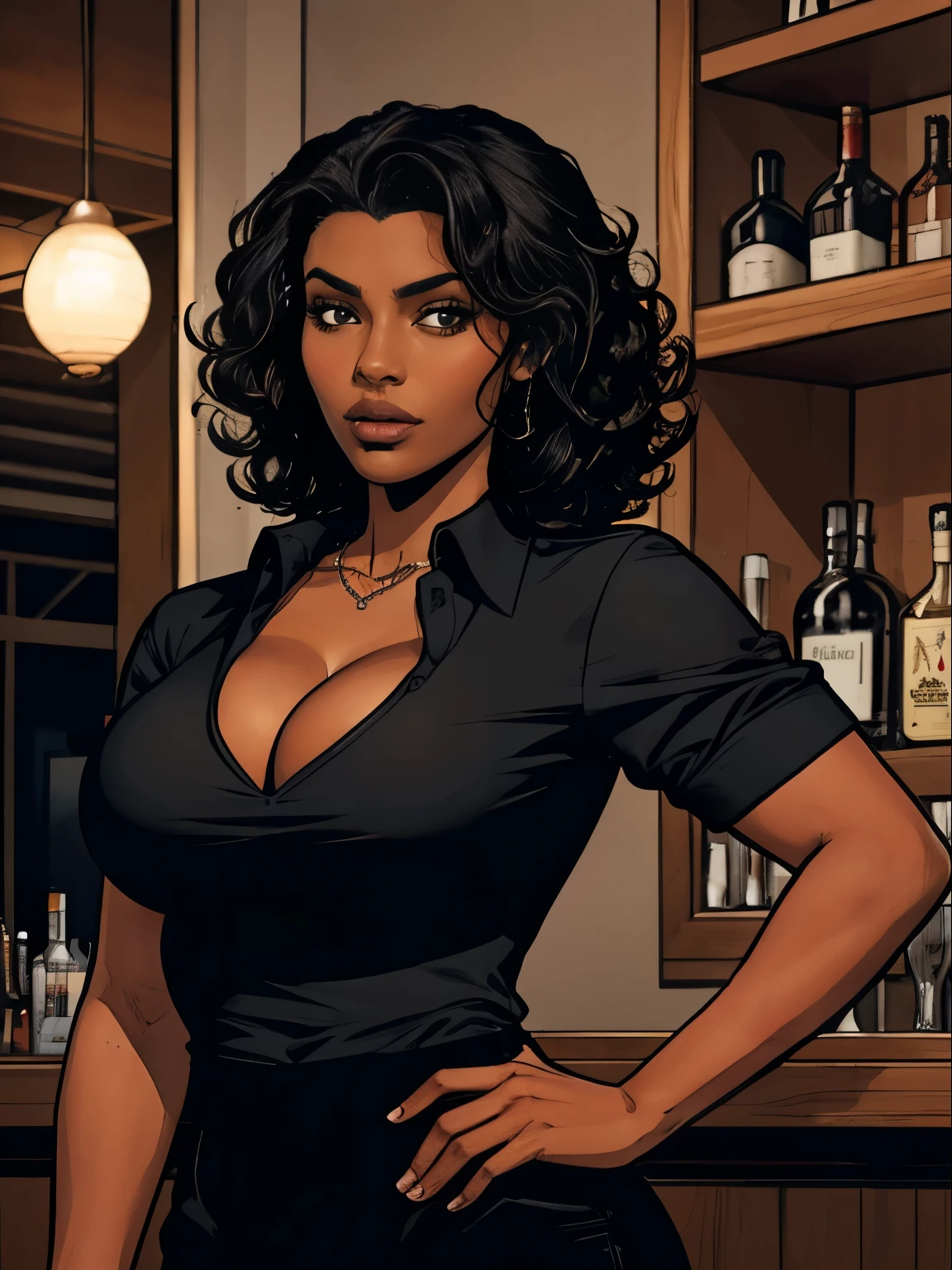 Cardinal, a gorgeous bartender woman with (dark skin, short curly black hair) wearing a black polo, tight slacks. Athletic, huge breasts, wide hips. Short curly black hair, mixing a drink. Confident. At a high-end bar, luxury hotel. cleavage.