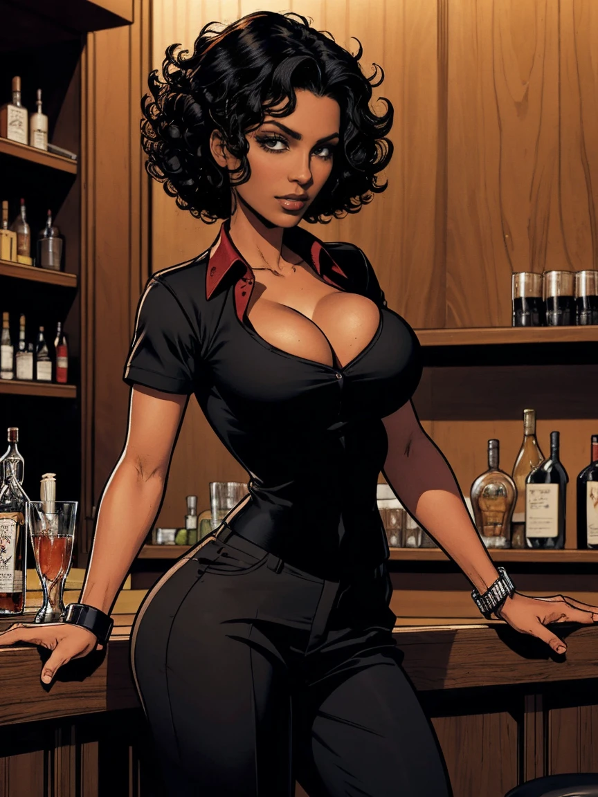 Cardinal, a gorgeous bartender woman with (dark skin, short curly black hair) wearing a black polo, tight slacks. Athletic, huge breasts, wide hips. Short curly black hair, mixing a drink. Confident. At a high-end bar, luxury hotel. cleavage.