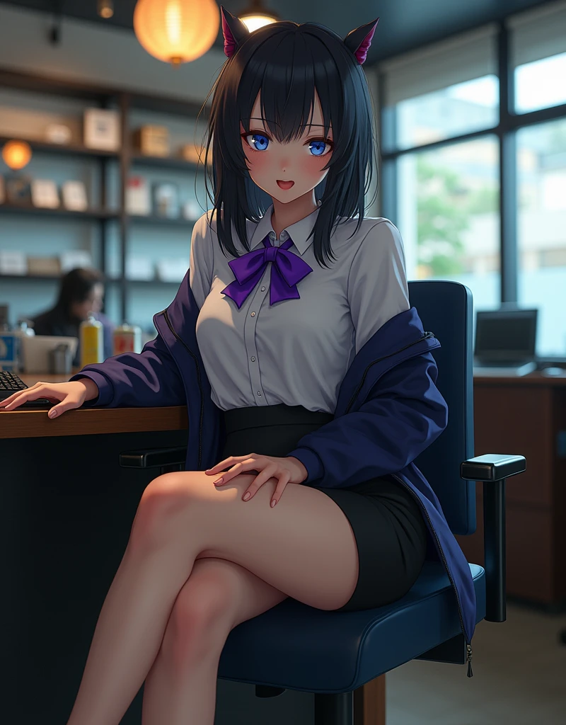 harunasairenji, haruna sairenji, hair ornaments, Hair Clip, (Purple eyes:1.1), Purple Hair, short hair, Swept-apart bangs, (amount:1.2), happy smile, smile, Open your mouth,OL, Akagi Glasses, Black suit jacket, Collared jacket, White dress shirt, Collared shirt, Neckline, button, Black pencil skirt, Black Pantyhose,Stiletto heels,sit cross-legged on a chair,There is a computer on the table,touch typing,whole bodyがイラストに入るように,sunny,Daytime,
break indoors, オフィス
break looking at viewer, whole body, (Cowboy Shot:1. 5)
break (masterpiece:1.2), highest quality, High resolution, unity 8k wallpaper, (shape:0.8), (Beautiful details:1.6), Highly detailed face, Perfect lighting, Highly detailed CG, (Perfect hands, Perfect Anatomy),
