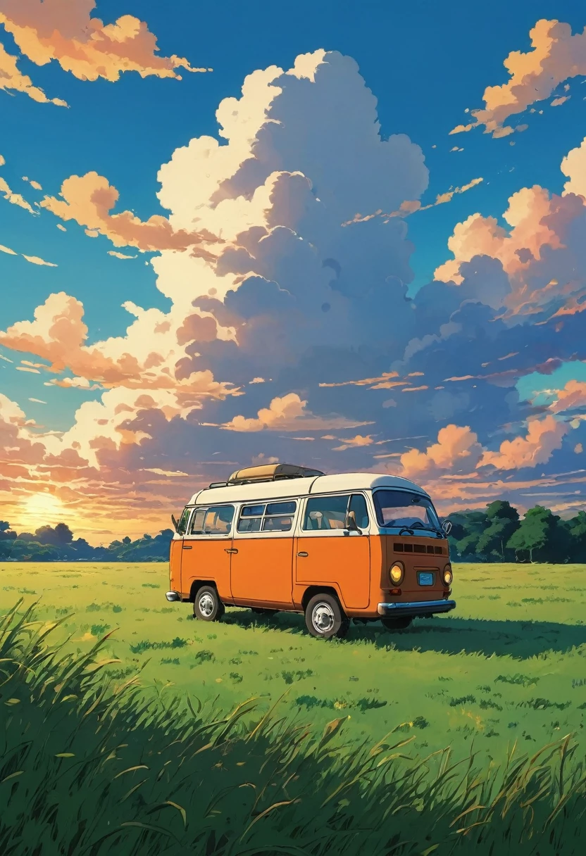 (Minimalism:1.4), a minibus camping sunset clouds  , studio ghibli art, miyazaki, grass with blue sky and white clouds