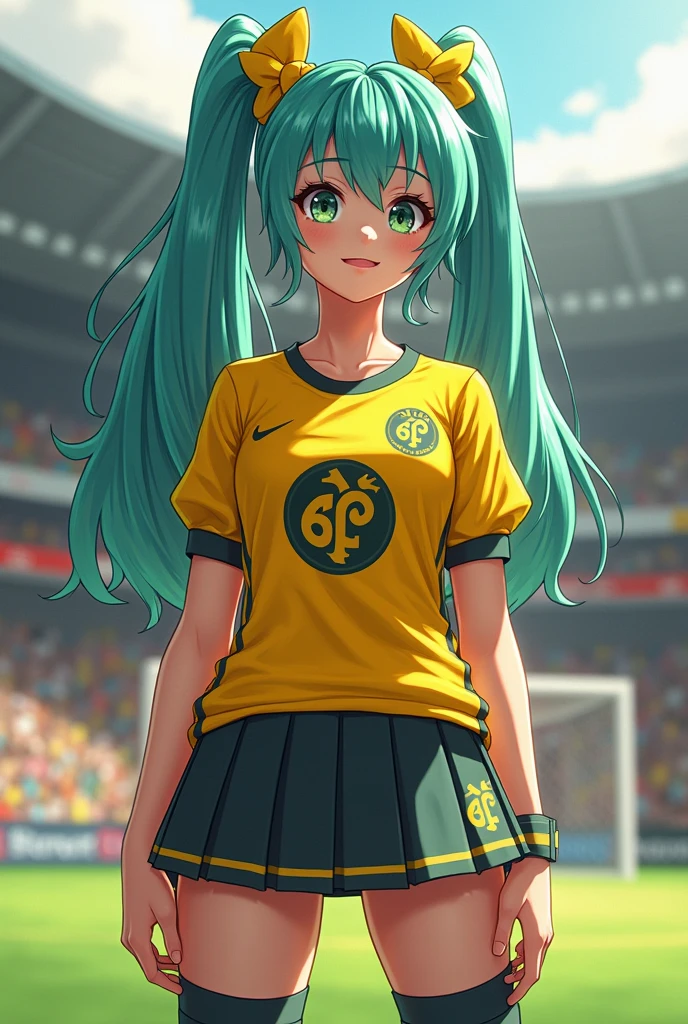 Astolfo em uniforme de futebol,melhor qualidade,4k,8k,alto,master part:1.2,ultra-detalhado,Realistic:1.37,fotorrealista:1.37, HDR,UHD,exuberante campo de grama verde,Stadium lighting,Sombras negras,bola de futebol laranja e branca,gotas de suor cintilantes,Brisa fresca,postura confiante,strong athletic build,sharp facial features,olhos azuis brilhantes com uma pitada de travessura,cabelos loiros brancos bem estilizados,Canary yellow football shirt with black details,Emblem of a lion carried on the chest,shorts azuis escuros sob medida com meias brancas combinando,novas chuteiras pretas brilhantes,Excelente controle de bola, Dribble with elegance,exibindo um trabalho extravagante,flying through the air for a header,Goleiro mergulhando para fazer uma defesa espetacular,Torcida nas arquibancadas,aplausos estrondosos,excitement and adrenaline in the air,Bandeira verde e branca da equipe agitando orgulhosamente.