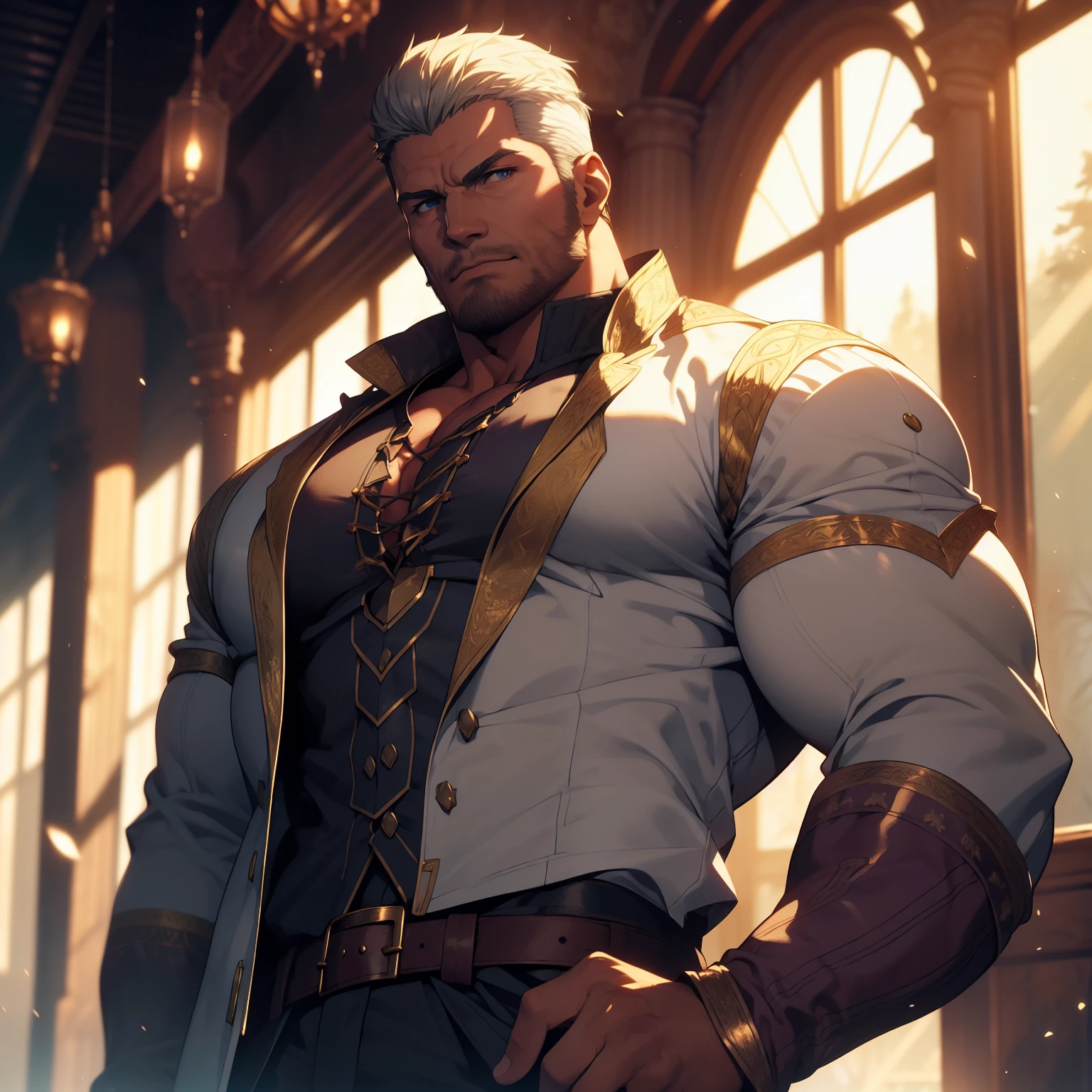 A powerful young prince in a frozen forest, Alpha male, chubby muscle, very detail face, detail eyes, imposing lord, wearing a tight white royal tunic with blue details,  tight pants, very detail clothes, white colored clothes, clothes with neckline, a detailed belt at her waist, muscular chest, gazing at viewer, imponent pose, bright purple eyes, short whitish hair, your hair is combed to the side, beard that makes the face look square, he's serious, Wonderful highly detailed masterpiece, beautiful cinematic light deep focus, chic, digitalpainting, smooth ass, sharp focus, golden ratio, dramatic lighting, 8k, pixiv, only