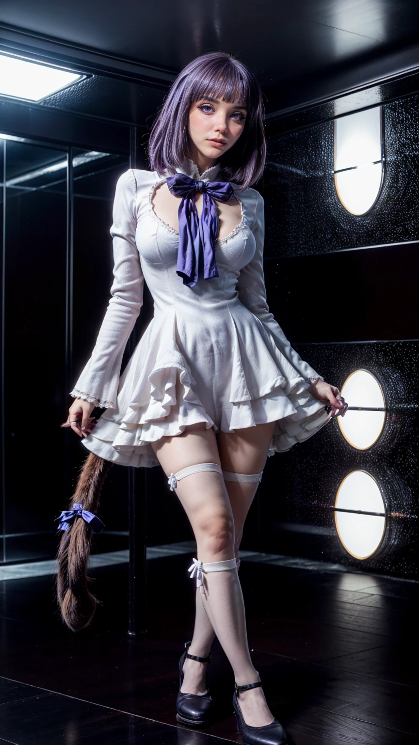 (1 lady), (Best quality at best:1.4), (ultra - detailed), (extremely detailed CG unified 16k), A Beautiful Woman with Perfect Figure: 1.4, Sharp Focus: 1.2, purple hair, very detailed, High-definition RAW color photo, professional photoshooting, amazing face and eyes, cosmetics, (amazingly beautiful girl), ((frederica bernkastel)), Bethcast, ((exact clothes: dress, bowtie, black combat boots, mary janes, socks, cat tail, tail bow, tail ornament)), levitating in a cute posture, (floating in space), (She's levitating in a cosmic sea, outer space:1.3, quantum hyperspace room lacking walls, hyperspace chamber, extremely detailed background, a lot of details background, realistic background), (look from above), realistic cinematic face, head to feet long wide zoomed out view, full body long view, photorealistic, ((realistic natural purple hair style, purple eyes)), gorgeous, extremely beautiful face, perfect model beauty, pout mouth, Highly Detailed Face and Skin Texture, Detailed Eyes, Double Eyelids, Big Breasts, Expressionless, (masterpiece), best quality, high resolution, extremely detailed, cinematic lighting, amazing legs, high heels, clear and well-cared skin, pale skin, frederica bernkastel exact dress: 1, black and white dress: 1, black combat boots: 1
