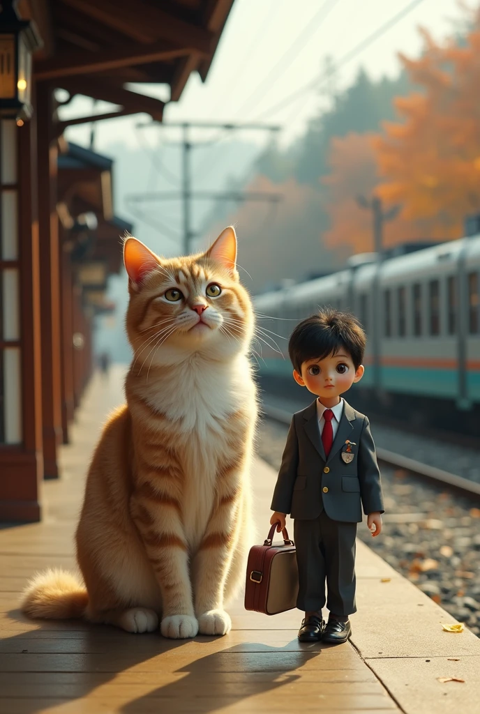 35mm lens,Multiple Angles,return,Overhead Shot,Cat,Are standing,doll,Carrying a small school bag,Tram,Hokkaido,Autumn Station,Wooden house,platform, Cape,Nguyen Gia,suit,tie, (Delicate face), (High-quality fluffy fur),(35mm cinema lenses),(Multi-angle shooting),(Wide range of angles)