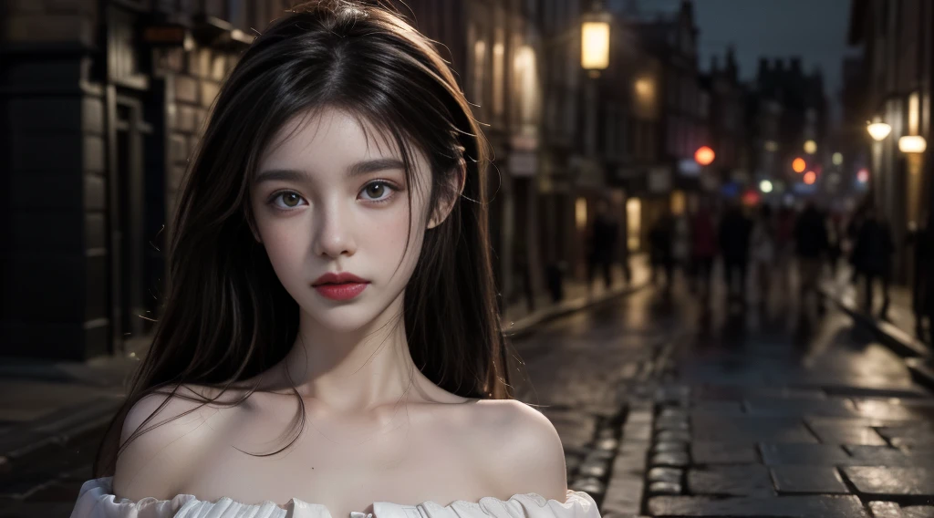 8K,best quality, masterpiece, Ultra-high resolution, (Reality:1.4), RAW photos, (Real skin texture:1.3), (Film Grain:1.3), woman，individual,Beautiful and detailed eyes and face,Off-shoulder dress，masterpiece, best quality,close up,Upper body shot, The streets of Edinburgh，night，individual，Mist，Volumetric Light，After the Rain