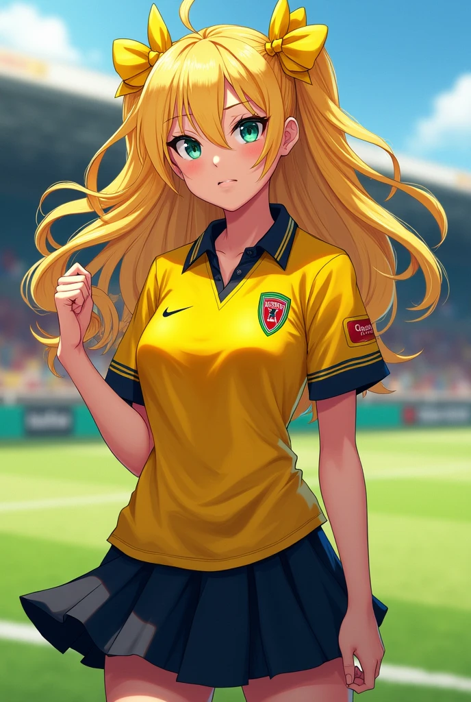 1girl, anime girl, beautiful face, Angelic beauty, straight blonde hair, fair skin, Ribbon marquee, watching soccer match sitting in a bar of Copacabana Rio de Janeiro,favela, wearing a yellow shirt of the Brazilian soccer team,Cinematic environment, based in Rio de Janeiro, closeup full body- Ino Yamanaka