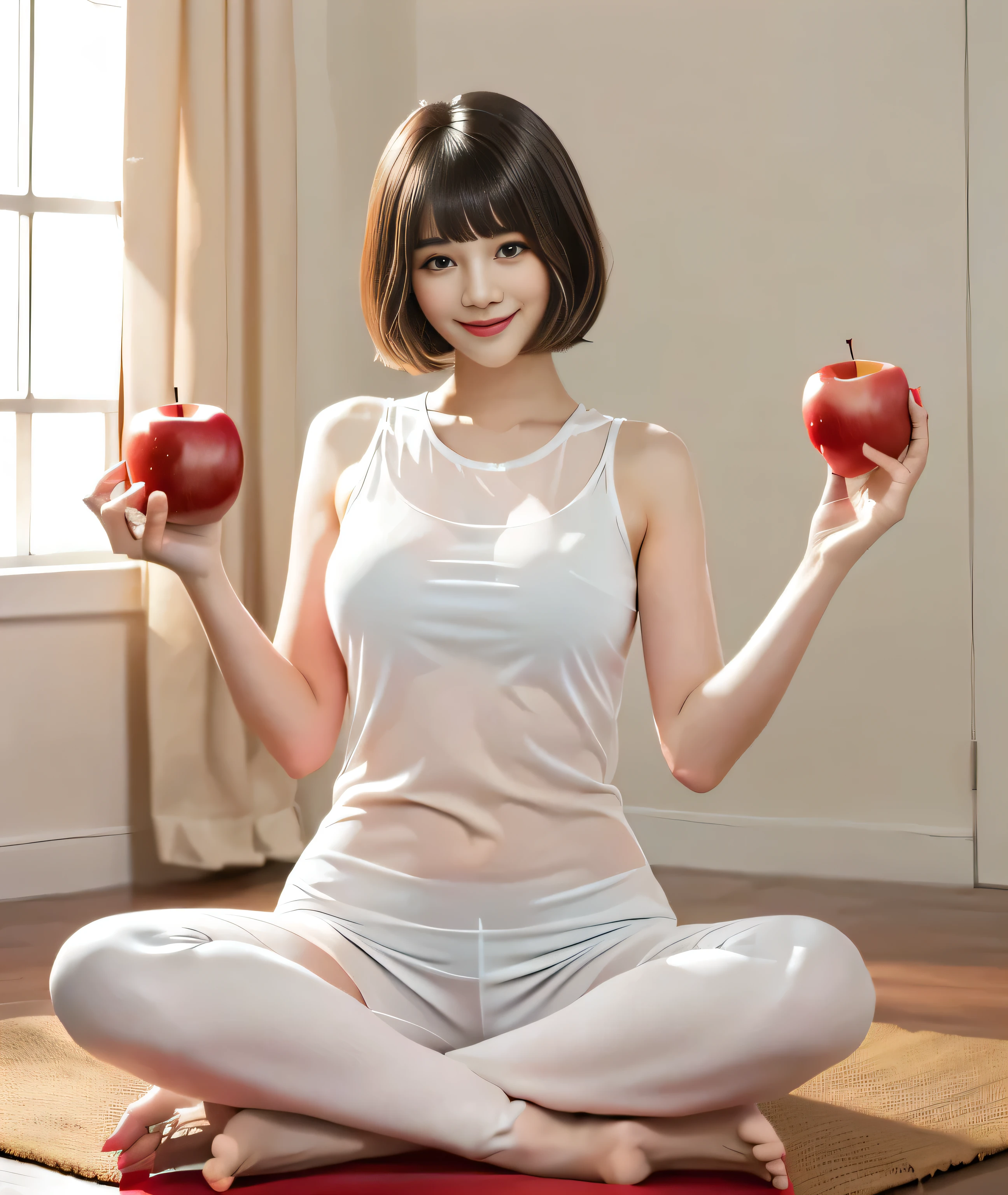 {{{She is holding a red apple in his right hand and a white apple in his left hand.::1.8}}},{{{Blunt bangs、short hair:1.6}}}},,{{Girl sitting on a mat and doing yoga poses:１８Year:Double Eyes::smile}},, Sitting pose,{White Tight tank top:See through}, Affectionate, Affectionate, gentle pose, Symmetrical pose, Full body pose, 