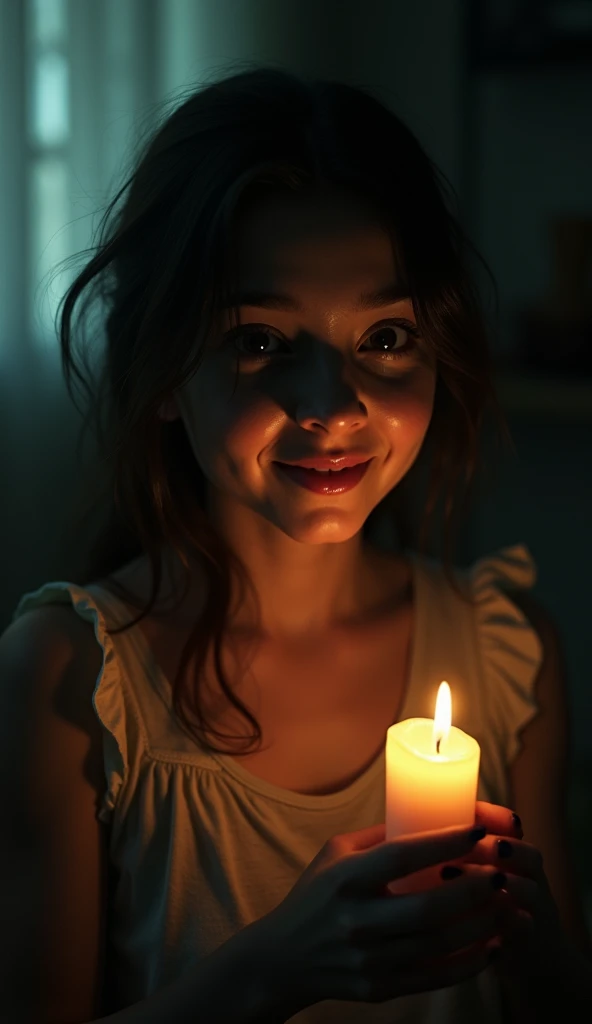 we are in a small dark room together, pitch black, her face is close, very close with only one birthday candle in a cake to light her, 1 lux, beautiful candle light, one candle only, low lux perfect lit, her face so close and loving, I take her picture, i want to use my best 4k camera, i want the highest-quality picture, i can capture every detail of her face, blush and close, every detail i can see