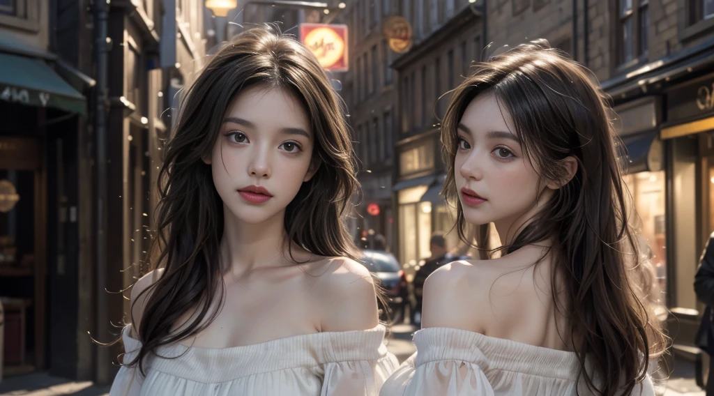 8K,best quality, masterpiece, Ultra-high resolution, (Reality:1.4), RAW photos, (Real skin texture:1.3), (Film Grain:1.3), woman，individual,Beautiful and detailed eyes and face,Off-shoulder dress，masterpiece, best quality,close up,Upper body shot, The streets of Edinburgh，night，individual，Mist，Volumetric Light，After the Rain