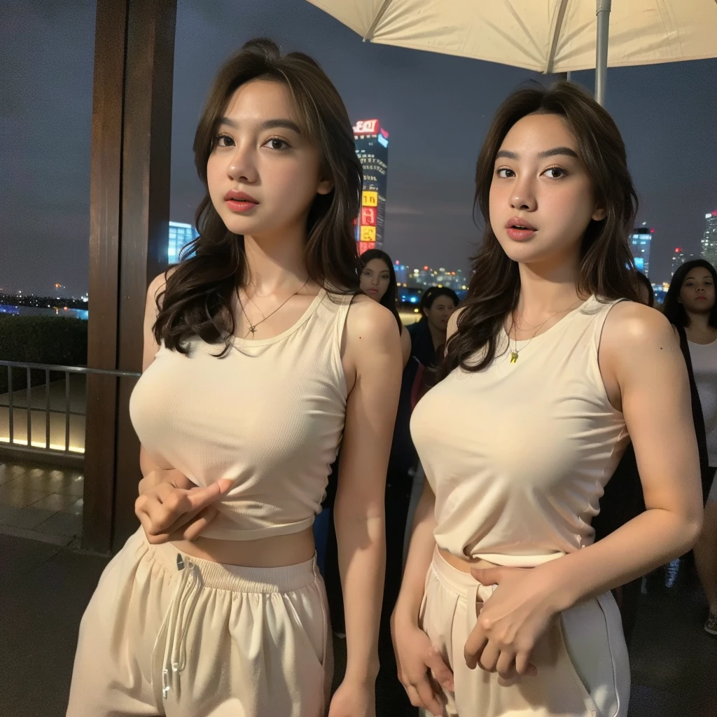 1girl, solo, 1 girl, standing tall, outdoors, night view, detailed Metropolitan city at the background, (zoom out: 1.4), detailed face, detailed eyes, brunette, big breasts, smooth realistic skin, semi-curvy body, white tanktop, thin hot pants, looking at the audience, (8k, RAW photo, best quality, masterpiece: 1.2), (realistic, realistic: 1.37), ultra-high resolution, Macro Photo