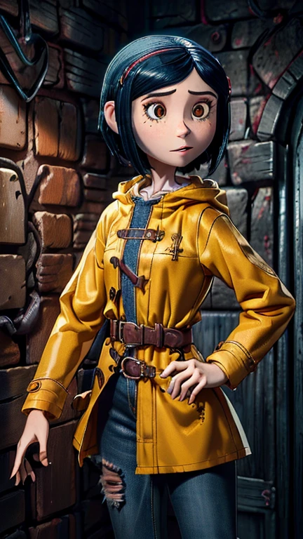 (1girl, coraline), (extremely detailed CG unit 8k wallpaper),(master part), (best quality), (ultra detail), (best illustration),(StopMotion), cowboy shot, (Sharp eyeliner, ombre, detail eyes), dark dungeon interiors background, ,break , (vamptech), Blue hair, brown eyes, freckles, pale skin, excited expression, yellow raincoat, jeans