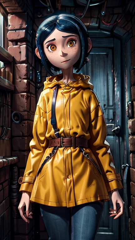 (1girl, coraline), (extremely detailed CG unit 8k wallpaper),(master part), (best quality), (ultra detail), (best illustration),(StopMotion), cowboy shot, (Sharp eyeliner, ombre, detail eyes), dark dungeon interiors background, ,break , (vamptech), Blue hair, brown eyes, freckles, pale skin, excited expression, yellow raincoat, jeans