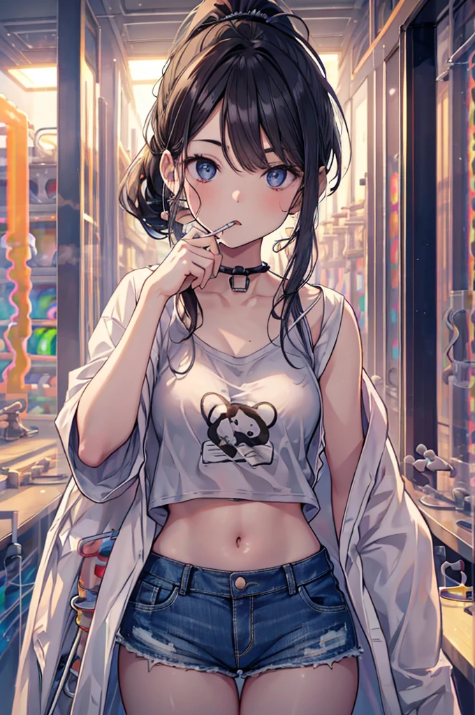 pale skin, 20 years old, tearful mole, earring, medium hair, black hair, big tits, whole body shot, shorts, t-shirt, off-shoulder, 
