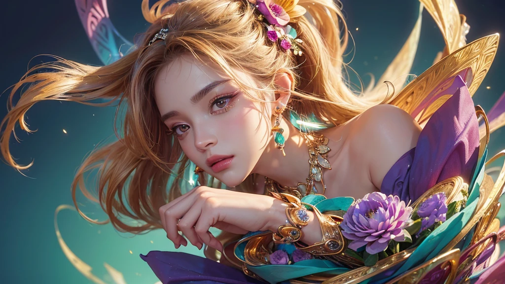 32K, 最高quality, 最高masterpiece, (ultra-Detailed Background, Detailed Background), High resolution, Super detailed, Very detailedな, One girl, (bouquet:1.3), (Tangled:1.2), (Geometric:1.2),(colorful),(masterpiece, quality, best quality, Official Art, Beautiful and beautiful:1.2), (1 girl:1.3), Very detailed,(colorful:1.1)(Flowers:1.3),Most detailed,(Tangled:1.2), whole body, (Abstract background:1.3), (Skin glows), (Many colors:1.4), ,(Earrings Jewelry:1.5), Light green background,