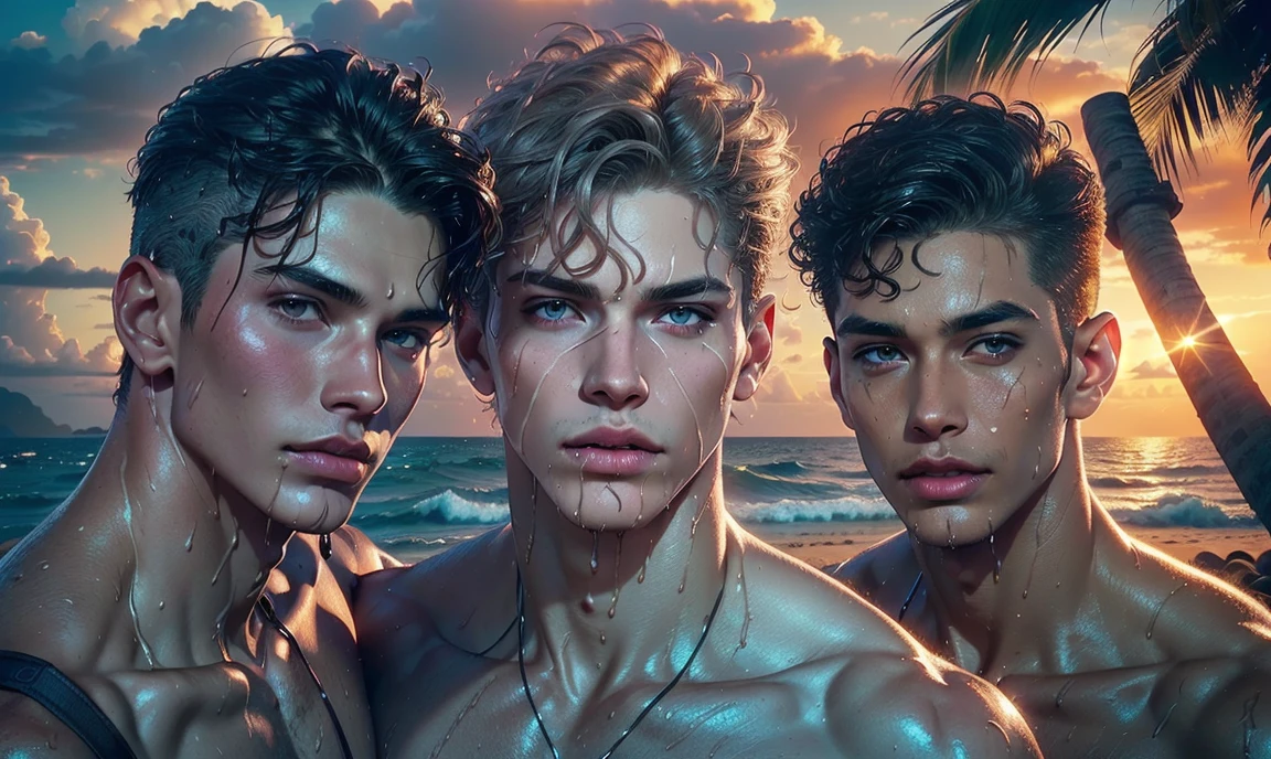 [((highly detailed, detailed eyes, detailed face, clear and realistic facial features, photorealistic, realistic light, cinematic, standing close together, close up)), ((((3 men, each man looks unique, each man has a different natural hair color and different facial features and skin color)))), (((sexy male college-age jocks standing on the beach looking horny and attracted to you))), (((wet hair and skin))), ((some beach sand sticking to their skin)), ((wearing wet clinging casual clothes)), (((dark grey stormy weather))), ((deserted tropical island at pre-dawn with palms and a stormy sea in the background))]