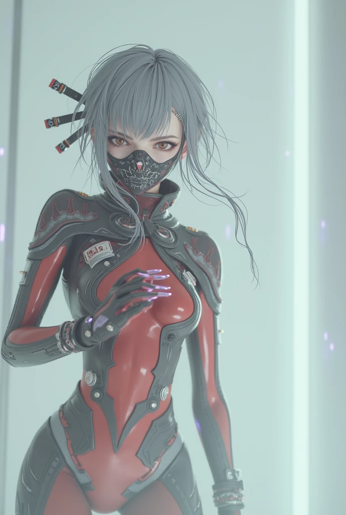 Masterpiece, Dark art, gloomy demon girl, ((red skin)), cone helmet, (hands together), closed clothing, perfect anatomy, (station)