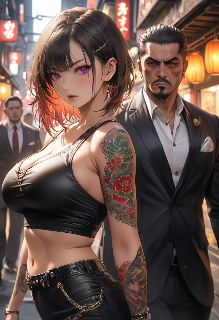 A gangster boss on the streets of Japan, A group of gang members stood behind,angry look,Mixed Korean,The background is blurred out,focal,Movie Lighting,(((tmasterpiece))), ((best qualtiy)), ((Complex and detailed)), ((Ultra-realistic realism)), Ridiculous resolution, A MILF, Mature woman, ssee-through, highly detailed, illustratio, 1girll, (huge tit), Thin waist and thick hips,long leges,beatiful detailed eyes, short detailed hair, brunette color hair, a purple eye, (gangster suit:1.2),Tattooed with,Large flower arms,Full of tattoos,Japanese yakuza,Kamami Yamaguchi,Japanese Yamaguchi-gumi,Japanese yakuza woman,The Underworld,full tattoo,Gangster boss,Lunette de soleil,Gangster godfather,Blood stained the streets,Gang boss,Scarred figure,Bloody violence,Sexy and feminine, detailed back ground, perfect eyes, Seductive eye, looking at viewert,From the front,wearing business attire