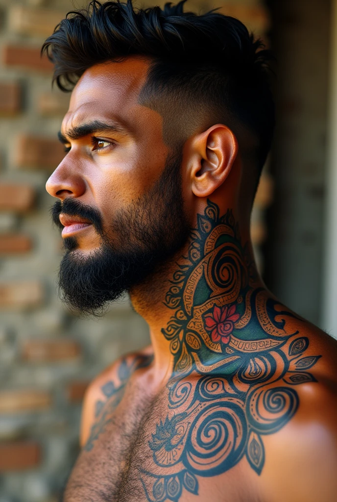 Man tattooed left arm and neck with black hair and black eyes