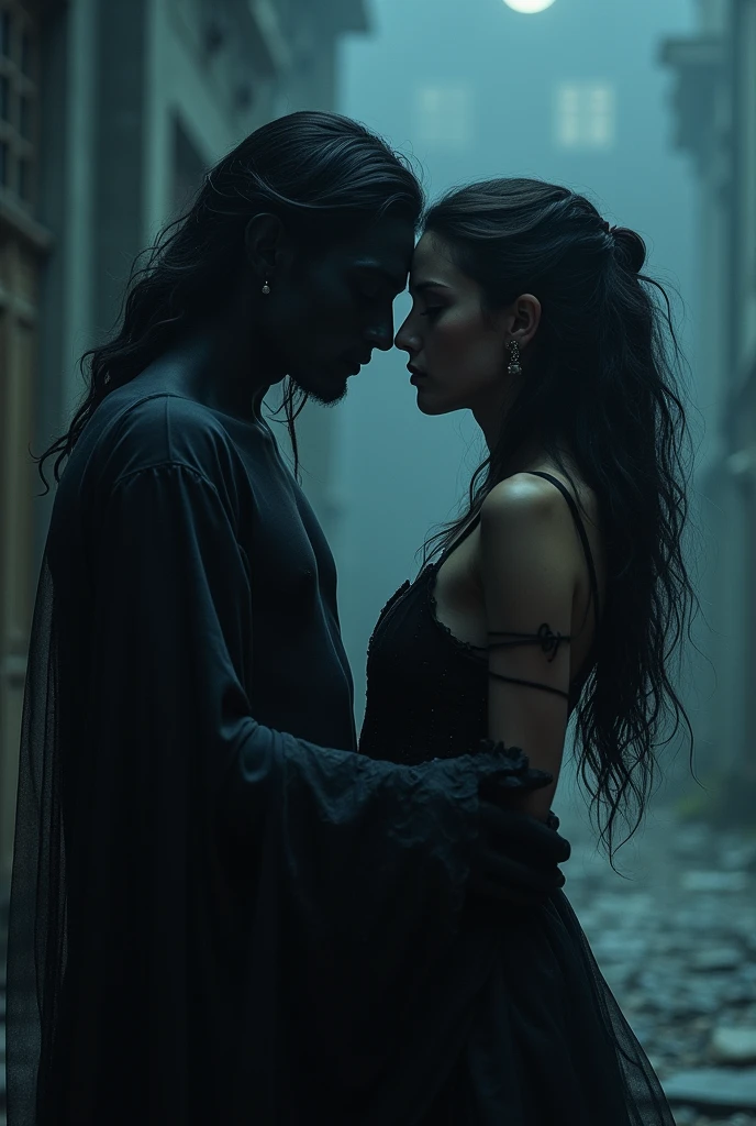 Create a black spirit hugging a woman
