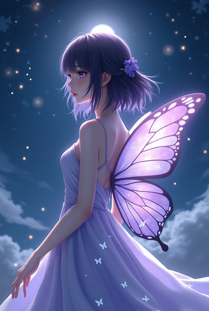 create a minimalist black and white logo of a beautiful fairy with wings sitting on a half moon, the logo will be for an esoteric store