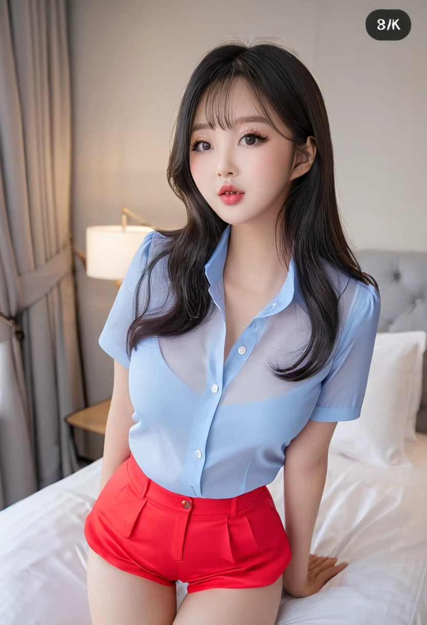 ((Photo medium distance:1.35)), ((Best resolution:1.4)), ((high quality:1.2)), (Work of art), 8k, extremely detailed, ((High detail:1.2)), Solo, ((HotLexi Korean Ulzzang female with 30 years old)), (((blouse, mini-shorts))), (perfect hourglass body), (square-shaped defined pretty face:1.35), (breasts with silicone),