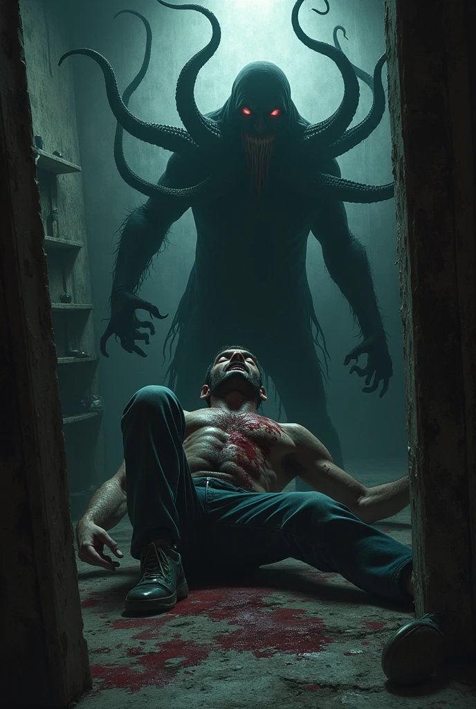 An evil dark shadow with many octopus-like arms attacking a screaming man in a bathroom