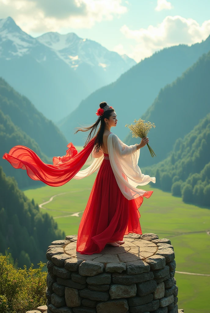 A beautiful Chinese Dunhuang fairy in a hyper-realistic, surreal style, photographed with a soft, blurred background. She has long black hair, an hourglass figure, a perfect body with medium-sized breasts, and a strong yet alluring presence. She is barefoot, with bare shoulders, wearing a gorgeous, sheer red long dress. She stands on a beautiful grassland, gripping a large dandelion stem with all her strength. Her body leans sharply backward at a 45° angle to the ground, emphasizing her exertion. The dandelion head is enormous, like a giant parachute, with the stem pushed forward by strong wind, also at a 45° angle. Dandelion seeds float away in the wind, illustrating its intensity. Her dress and hair flow dramatically, and she maintains her balance by holding onto the dandelion stem.