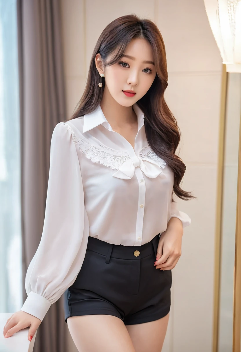 Arapi woman in the car,sexy for,White color blouse,Do not turn on the button,Gray hip skirt,2 2 years old,thicc,She was about 26 years old,Height 170 cm,korean people,Delicate face,realisticlying,Japan goddess,Pale yellow light,very Bigger breasts,Wearing black stockings