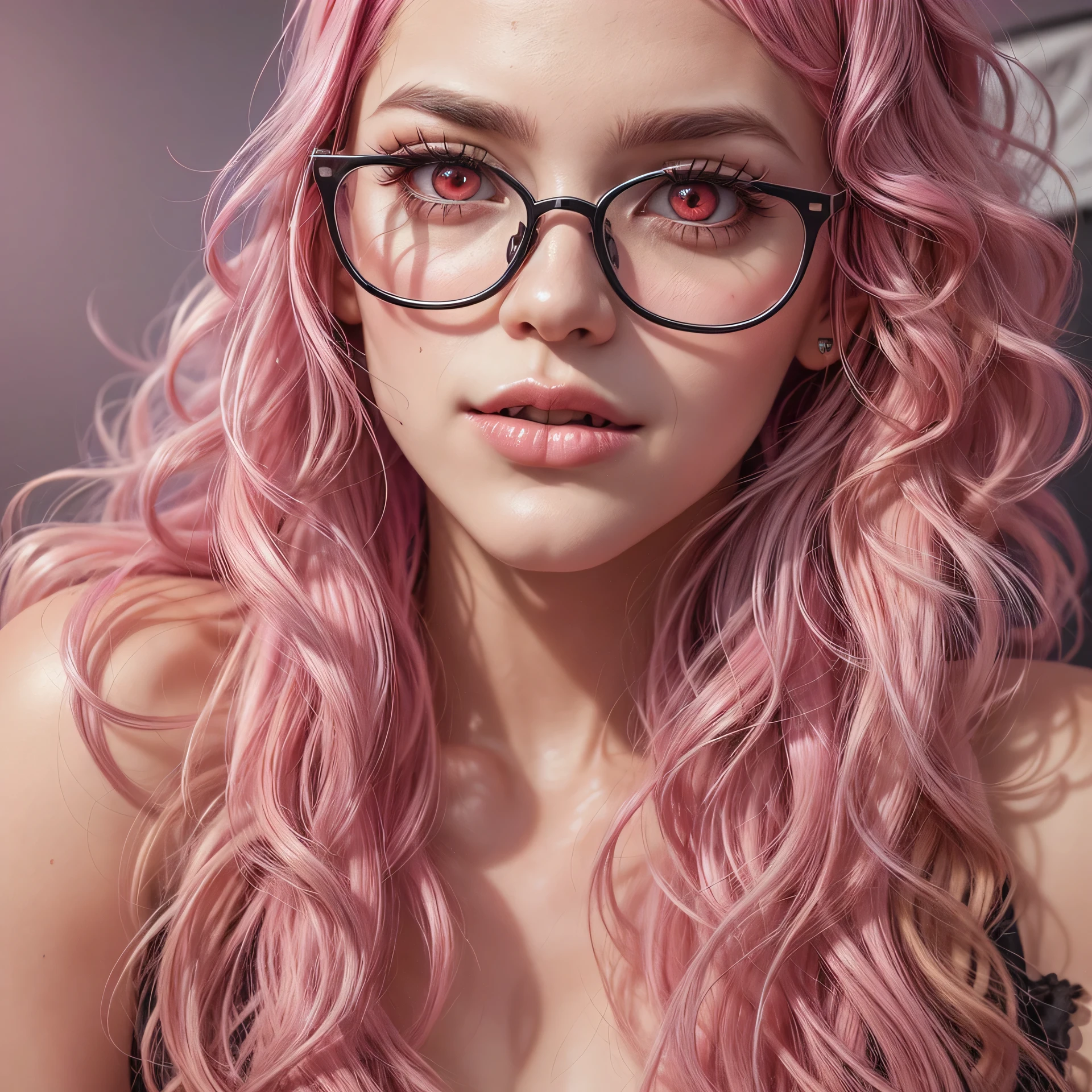 there is a woman with pink hair and glasses posing for a picture, wavy hair spread out, curly pink hair, with pink hair, dyed hair, with sprouting rainbow hair, headshot of young female furry, light pink hair with pink flames, long pink hair, huge curly pink hair, flowing pink hair, long flowing pink hair, messy curly pastel hair(masterpiece),(vampire),(unrivalled quality:1.4), ultra-high resolution,hyperrealistic, dark fantasy portrait, (sharp focus:1.1), photo of a vampire,gothic horror vibes, Guweiz-style art, dark fantasy mixed with realism, gothic aesthetic, gothic art style,HalloweenGlowStyle,red eyes,black lips,bats, gothic architectural style, full moon, moonlight,clean face