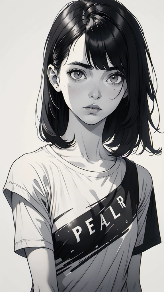 1 korean boyish girl, solo, sharp eyes, monochrome, greyscale, shoulder length black hair, portrait, blank white T-shirt, Thin eyebrows, closed mouth, looking at viewer, graphite \(medium\), detailed lips, hatching \(texture\), without makeup, (bangs), upper body, (best illustration), (best quality), (very detailed), (masterpiece), expressionless,