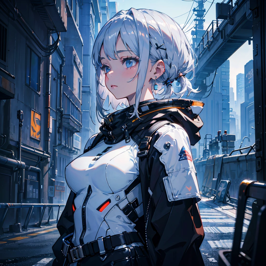 (masterpiece,best quality, detailed), 1girl, solo, cowboy shot, outdoors, night, cityscape, starry sky, detailed eyes, closed mouth, <lora:A-Mecha-REN:1.2>, (mecha musume, mechanical parts, robot joints), w arms, clenched hands, facing forward, looking at viewer, bea \(pokemon\), bow hairband, black bodysuit, print shirt, print shorts, bodysuit under clothes, <lora:SaitouV1-000013:1>