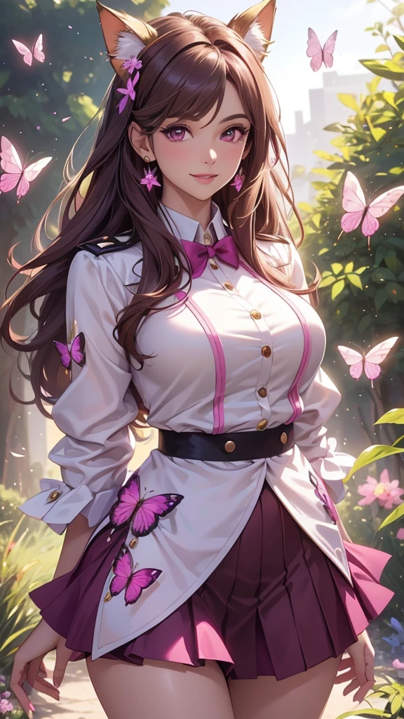 (best quality,4k,8k,highres,masterpiece:1.2),ultra-detailed,(realistic,photorealistic,photo-realistic:1.37),acrylic painting,beautiful Brazilian model in a uniform outfit with downy hair,beautiful Brazilian model with extremely colorful brown hair and detailed facial features,beautiful Brazilian model standing in a beautiful garden sakura flowers, long hair,cat ears, hair bows, uniform pink and blue outfits, smile, happy face,light  brown  hair,butterflies, brown eyes,  mature woman, older woman 