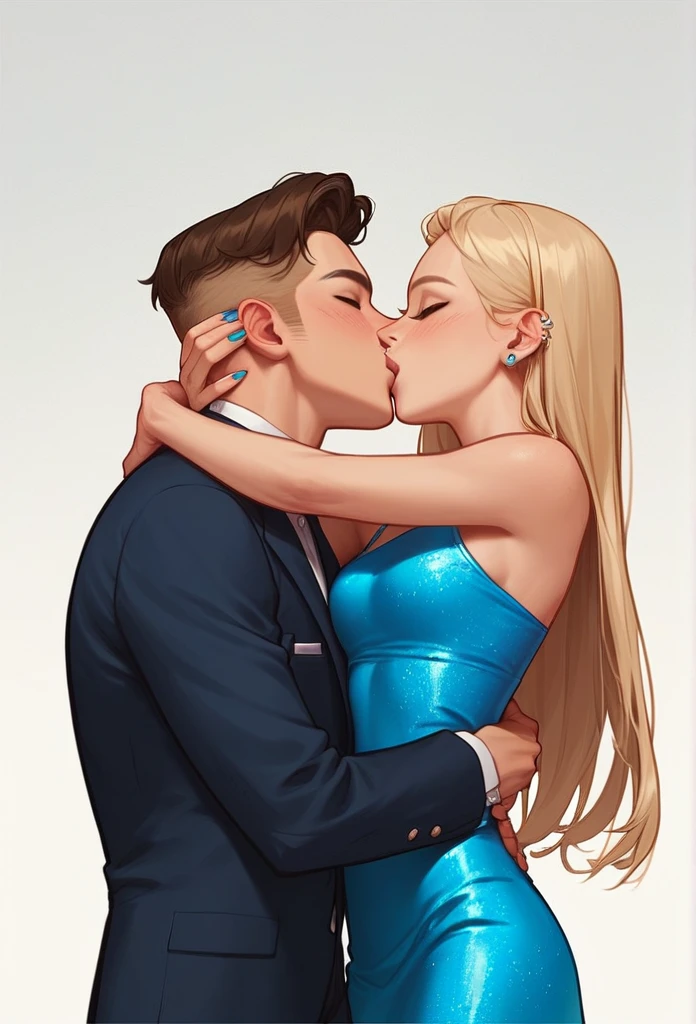  Emily, young woman, slim. long blonde hair wearing a long blue party dress. Are you serious?. Kissing Joseph, young man, chestnut hair, using suit. hugging 