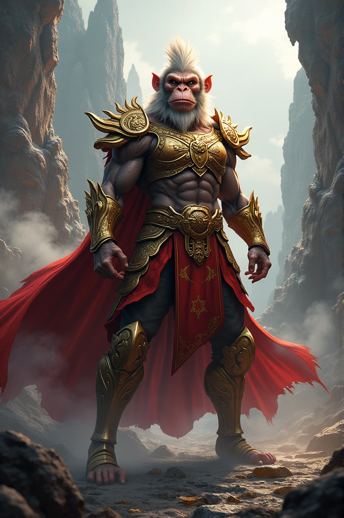 The Monkey King (the monkey anthropomorphic character from Journey to the West) is a muscular, imposing character with a serious expression on his face, dressed in theatrical style, with a golden solid gold hair hoop on his head, a red cape, yellow pants with matching boots, and a golden stick in his hand