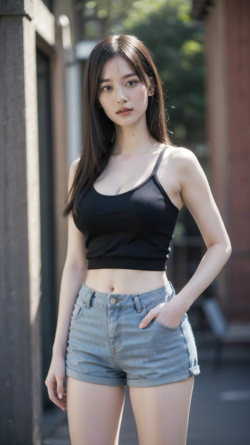 ((1girl)), woman, masterpiece, best quality, highest quality, cinematic lighting, (volumetric lighting), extremely detailed CG unity 8k wallpaper, focused, 8k wallpaper, extremely detailed, ultra realistic, photorealistic, sharp focus, absurdres, (HDR:1.2), (high contrast), photograph, detailed and intricate, instagram, portrait, highly detailed, digital painting, artstation, concept art, smooth, sharp focus, illustration, cinematic lighting, (big breast:1.3), (((skinny, slim legs))), (japanese idol posture), (knit strap tanktop, short pants, cleavage), looking at the viewer, (I don't see arms)), ((Standing)), ((Medium body shot, hip level shot)), long hair