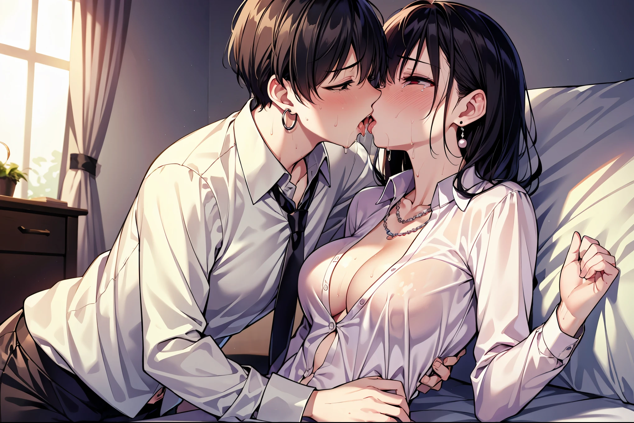 ((super high quality,))((Ultra-high resolution,))(16K,)(super masterpiece,)((Ultra HD ,))(Detailed shading,)One sexy mother,One Naked Man,Lying in bed,Rich kiss,Drooling,((popped Tight collar White shirts,))Even the third button is undone.,Folded sleeves,(Black tight skirt,),blush,My mother is crying,Ahegao,necklace,Pearl Earrings,wedding ring,Sweaty,Love juice,