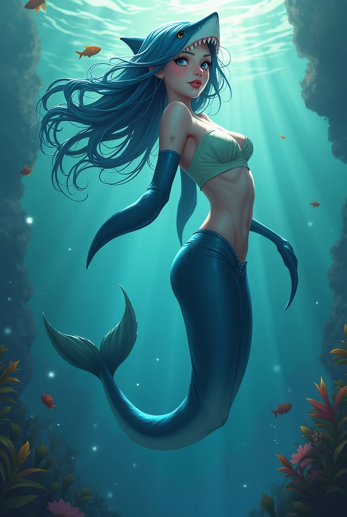 The Little Mermaid, under the sea, detailed fish fin, high-neck leotard, front view, large breasts