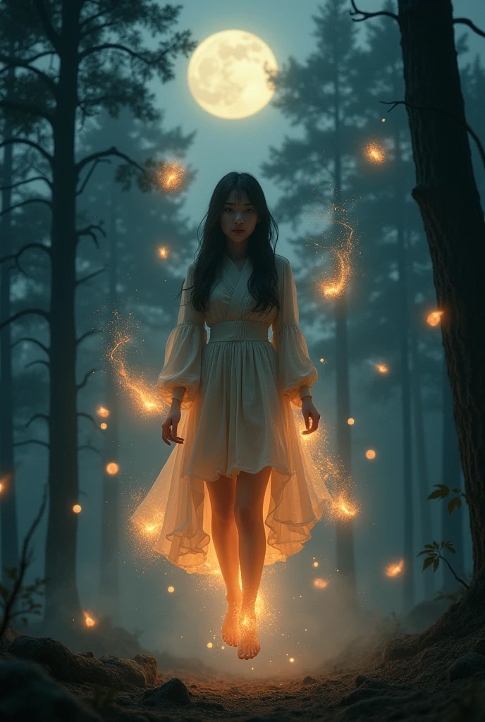 portrait,In this fantasy painting,a girl with a translucent glowing Body wanders through a mysterious forest,Surrounded by strange lights,superior_Body，Smile