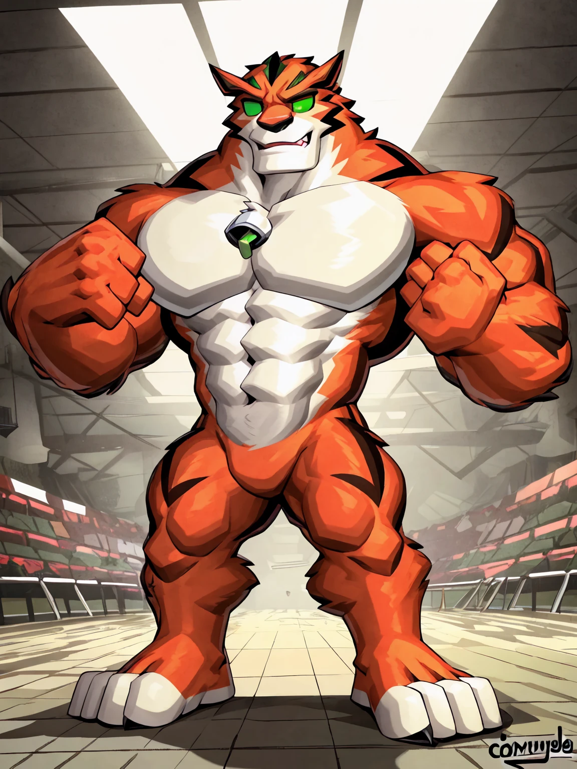 score_9, score_8_up, score_7_up, score_6_up, score_5_up, score_4_up,best quality,1boy,solo,muscular male,hi res,8k hd,looking at viewer,arms_raised,(by cartoon-network,by kamyuelo:1.5),(((no signature:1.8))),masterpiece,best quality,(rath_(ben_10),orange skins):0.9,solo,hi res,8k hd,((nudiest:1.7)),(((green eyes,no pupils:1.7))),full body shot,((show legs&feet)),detailed background((flawless design)),(((rugged body,wide_chest,wide_abs,wide_legs,wide_feet,big muscular,better eyes,better pupils,better hands,better fingers,better fist))),standing,confident dramatic muscle-man posing,one-arm raising,