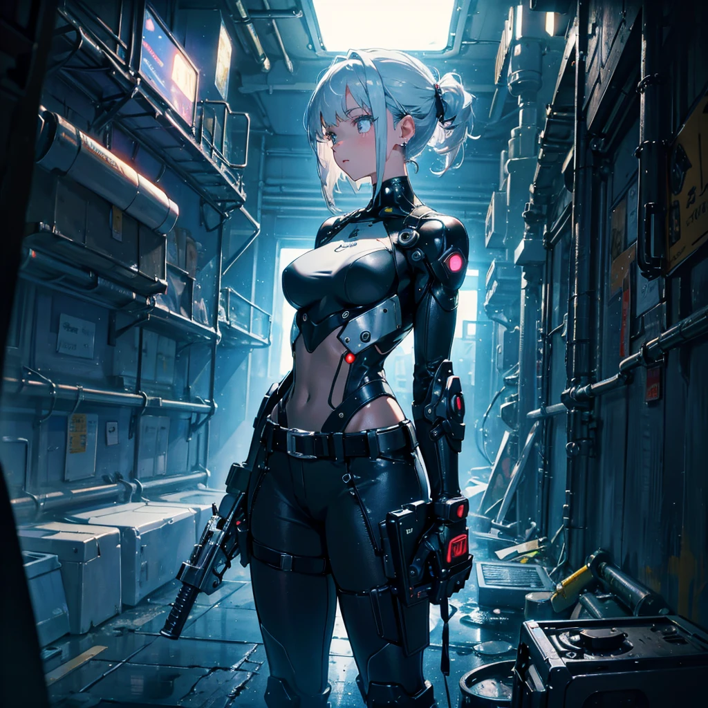 a beautiful detailed anime girl, sexy urban futuristic outfit, subzero mortal kombat mask covering mouth, submachine gun on back, masterpiece, 8k, ultra-detailed, photorealistic, intricate details, dramatic lighting, vibrant colors, cinematic composition, cyberpunk, science fiction, concept art style