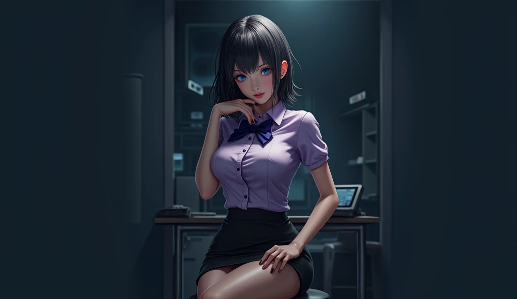 RAW photo, extremely delicate and beautiful, masterpiece, Best Quality, ultra high resolution, 16k, photorealistic, ultra detailed description, pale skin, in her 20s, whole body, medium tits, medium hair, black hair, tearful mole, earring, business suit, pencil skirt, blazer, dress shirt, tie,