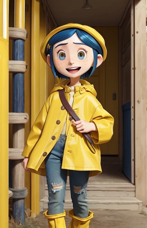 1girl, Blue hair, brown eyes, freckles, pale skin, excited expression, yellow raincoat, jeans