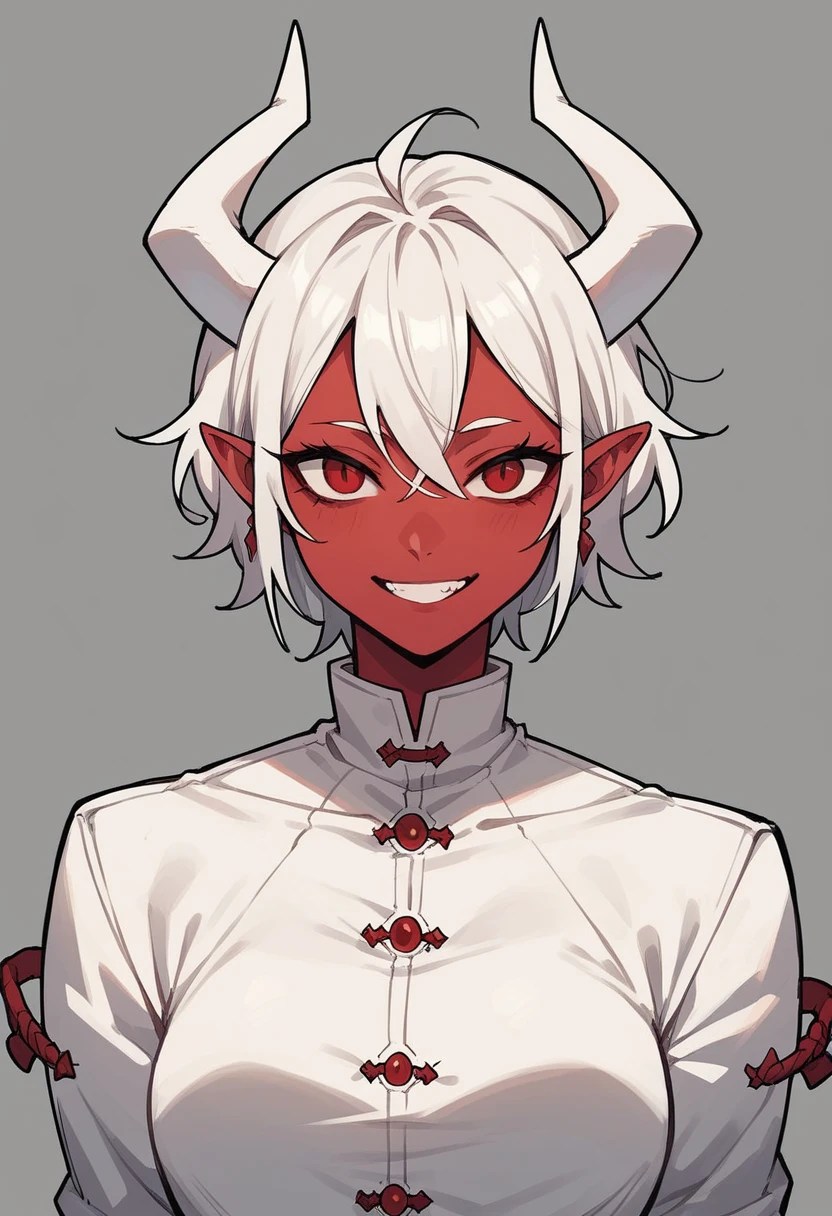 red skin woman white hair, white horns, red eyes,White clothes, smile,drawn