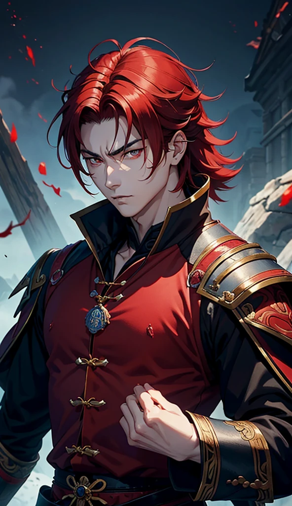 独奏, vampyre, warrior,naughty man, Youngh, nobleman, musculosos, Cao Cao, blood red hair,amber eyes, medium hair.high resolution, anatomically correcte, Russian general&#39;s outfit,hair ornament, Masterpiece artwork, Masterpiece artwork, 