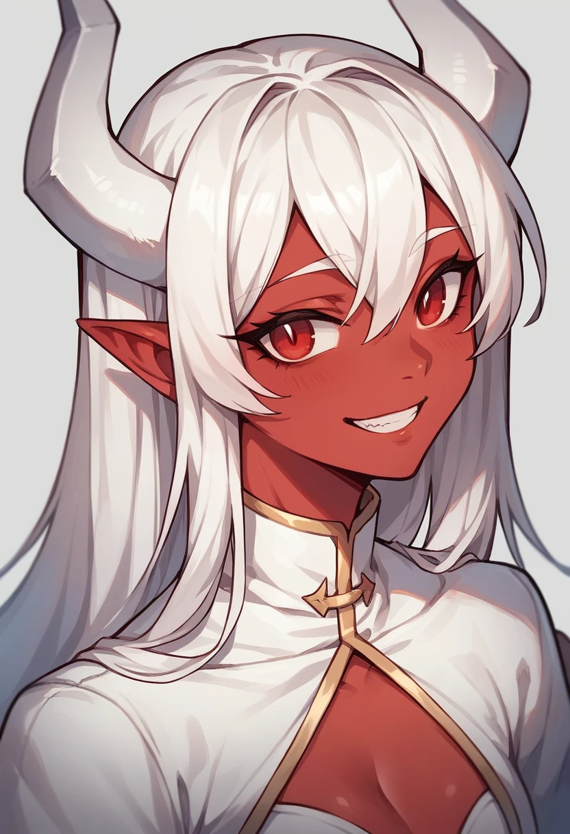 red skin woman white hair, white horns, red eyes,White clothes, smile,drawn