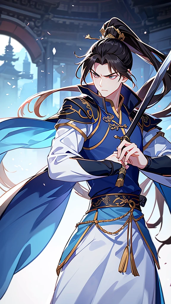 Highest quality，masterpiece，16K,Boy with a sword，Combat Stance，Blue clothes，Hanfu，Long hair and a high ponytail，night，Moonlight，Asian architecture，A sophisticated eye，Frowning，anxiety，Xianxia，Upper body，chinese style clothing，